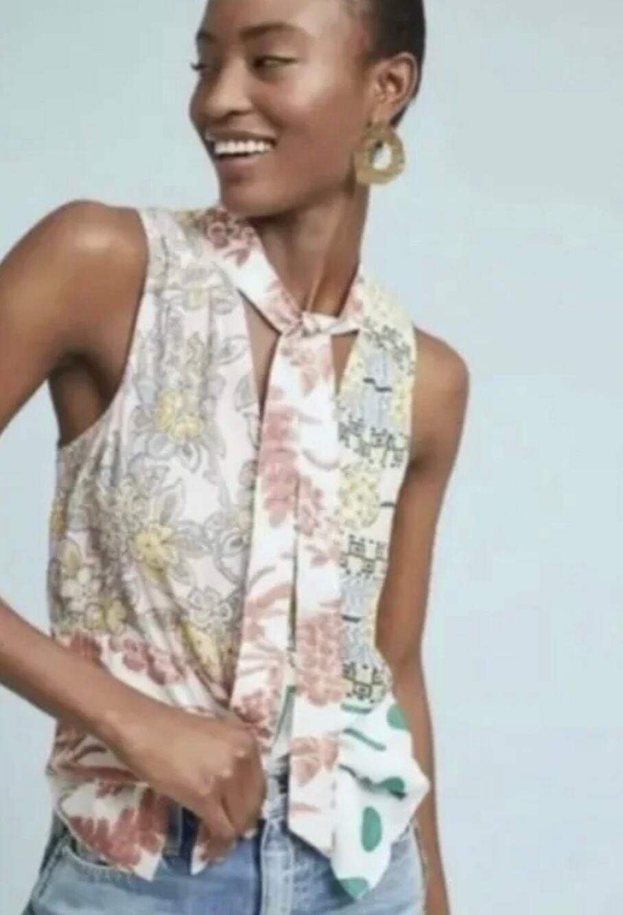 Anthropologie Moulinette Soeurs Tunic Top Tie Neck Venezia Sleeveless Boho Sz S